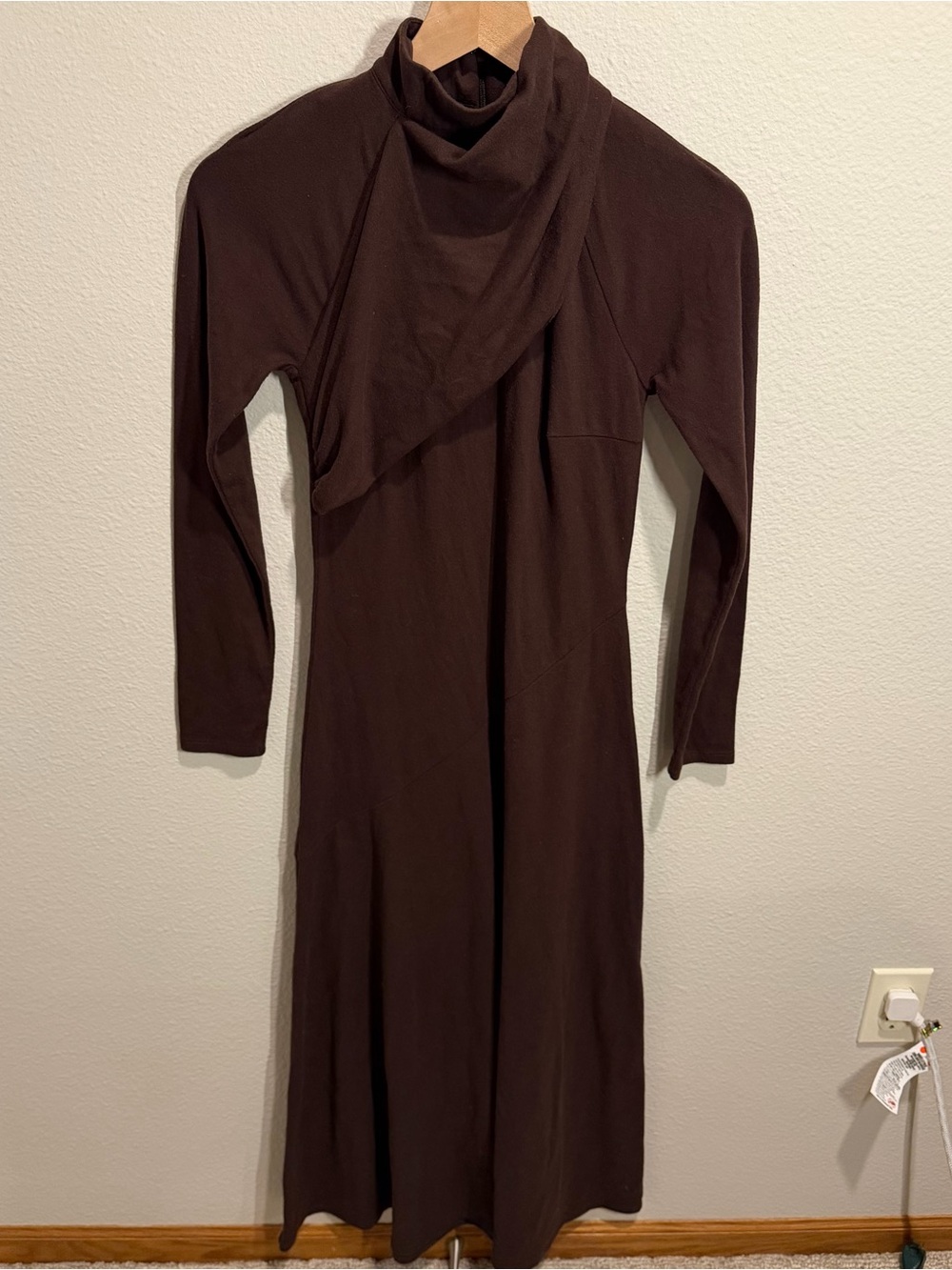 ASTR Chocolate Brown Long Sleeve Draped Cowl Neck Dress